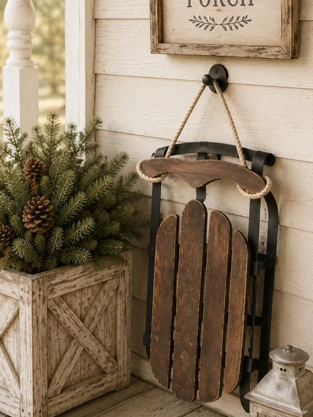 Vintage Rustic Primitive Wooden Snow Sled With Rope Porch Decor